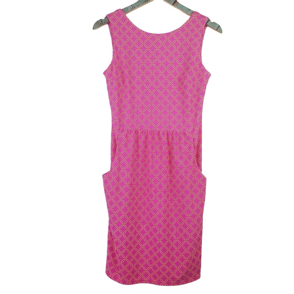 Jude Connally "Beth", Pink & Orange Octagon Pattern Midi Pocket Dress Sz S